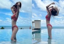 41歲阿Sa真敢穿!紅白條紋泳裝秀22寸螞蟻腰,網友:沒身材別硬秀